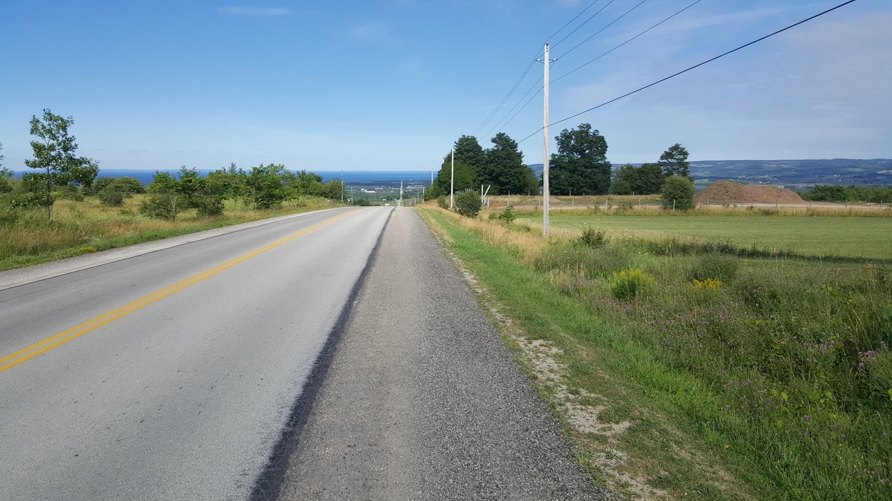 An open country road, yellow centerlines running to the horizon. Fields, telephone poles, distant water under blue sky. The week ahead.